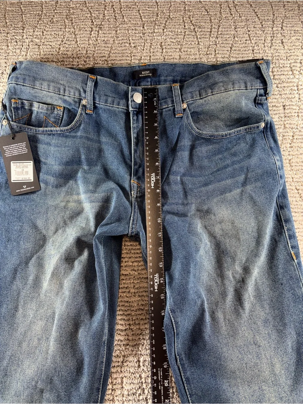 NWT True Religion 38/34 Medium Ocean Storm Ricky Ladder Stitch Straight Jeans